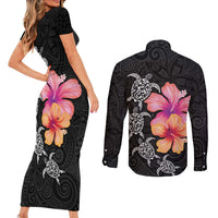 Hawaiian Hibiscus Turtle Tribal Polynesian Pattern Couples Matching Short Sleeve Bodycon Dress and Long Sleeve Button Shirt Black Color LT03 - Polynesian Pride