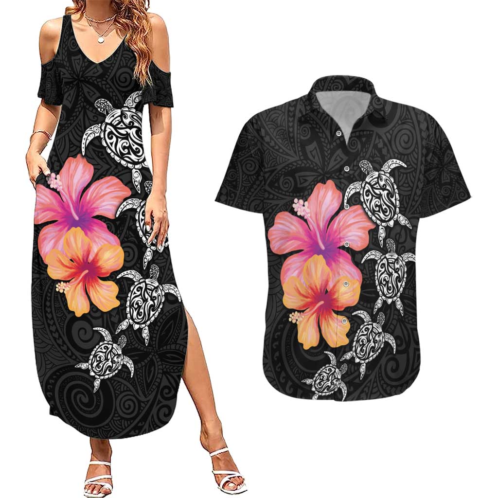 Hawaiian Hibiscus Turtle Tribal Polynesian Pattern Couples Matching Summer Maxi Dress and Hawaiian Shirt Black Color