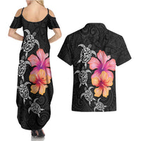 Hawaiian Hibiscus Turtle Tribal Polynesian Pattern Couples Matching Summer Maxi Dress and Hawaiian Shirt Black Color LT03 - Polynesian Pride