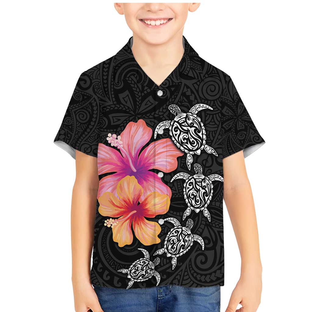 Hawaiian Hibiscus Turtle Tribal Polynesian Pattern Family Matching Mermaid Dress and Hawaiian Shirt Black Color