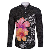 Hawaiian Hibiscus Turtle Tribal Polynesian Pattern Family Matching Off The Shoulder Long Sleeve Dress and Hawaiian Shirt Black Color