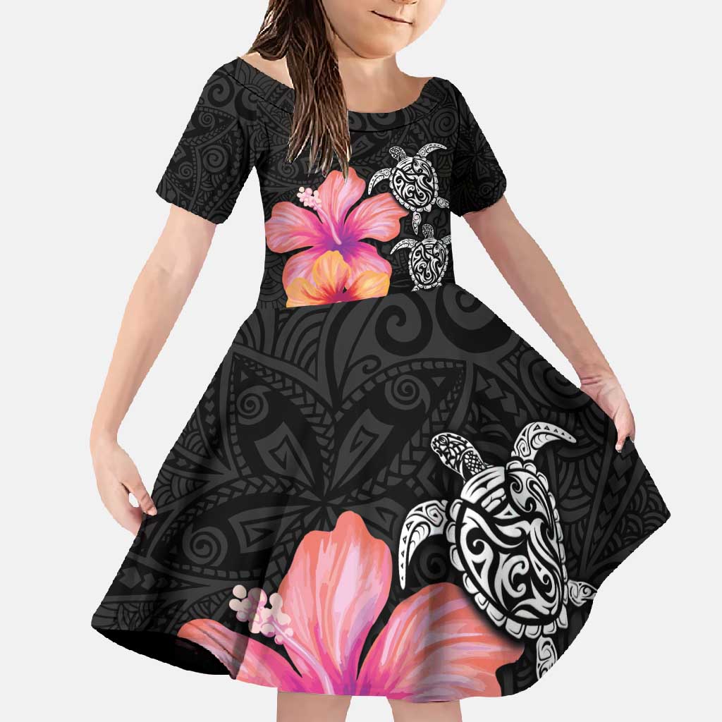 Hawaiian Hibiscus Turtle Tribal Polynesian Pattern Family Matching Off Shoulder Maxi Dress and Hawaiian Shirt Black Color LT03 Daughter's Dress Black - Polynesian Pride