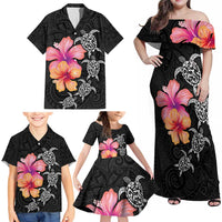 Hawaiian Hibiscus Turtle Tribal Polynesian Pattern Family Matching Off Shoulder Maxi Dress and Hawaiian Shirt Black Color LT03 - Polynesian Pride