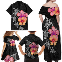 Hawaiian Hibiscus Turtle Tribal Polynesian Pattern Family Matching Off Shoulder Maxi Dress and Hawaiian Shirt Black Color LT03 - Polynesian Pride