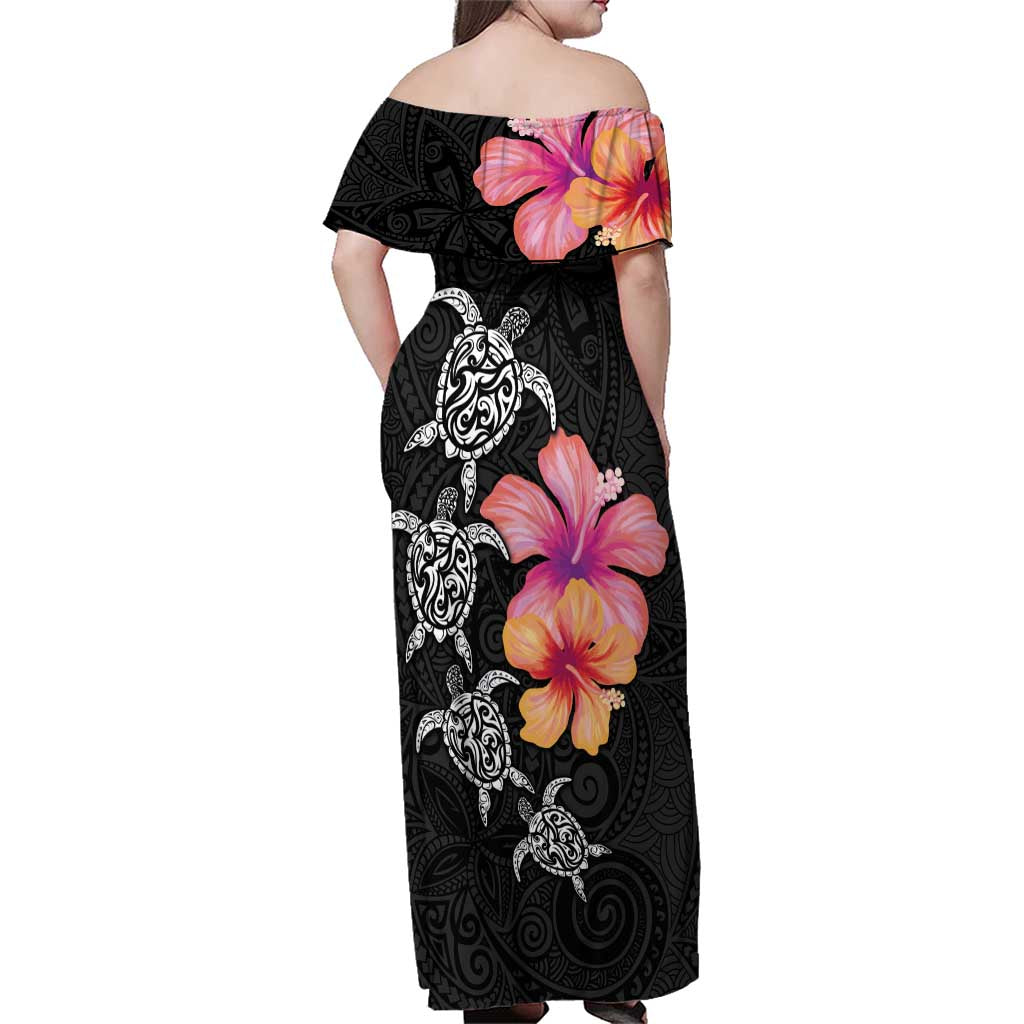 Hawaiian Hibiscus Turtle Tribal Polynesian Pattern Family Matching Off Shoulder Maxi Dress and Hawaiian Shirt Black Color LT03 - Polynesian Pride
