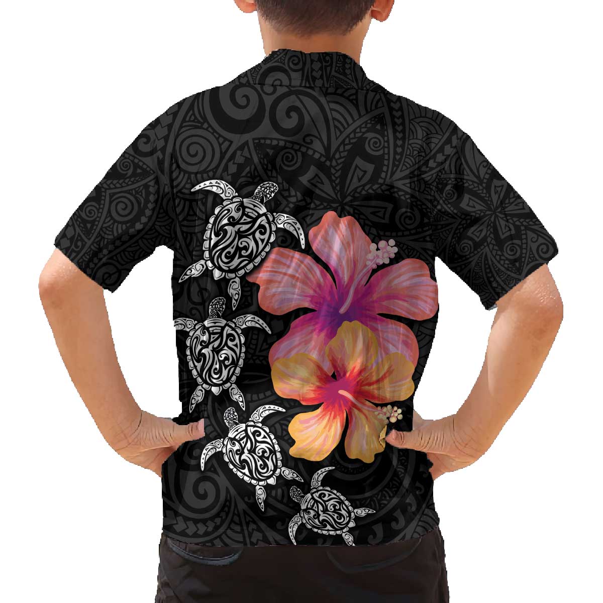 Hawaiian Hibiscus Turtle Tribal Polynesian Pattern Family Matching Puletasi and Hawaiian Shirt Black Color LT03 - Polynesian Pride