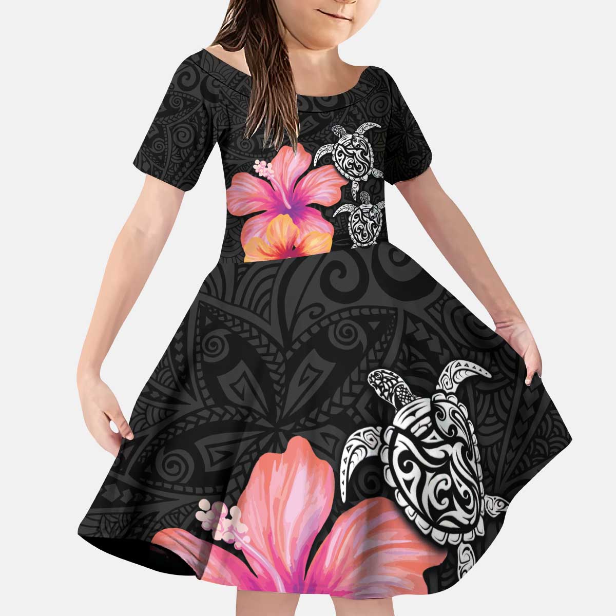 Hawaiian Hibiscus Turtle Tribal Polynesian Pattern Family Matching Puletasi and Hawaiian Shirt Black Color LT03 Daughter's Dress Black - Polynesian Pride