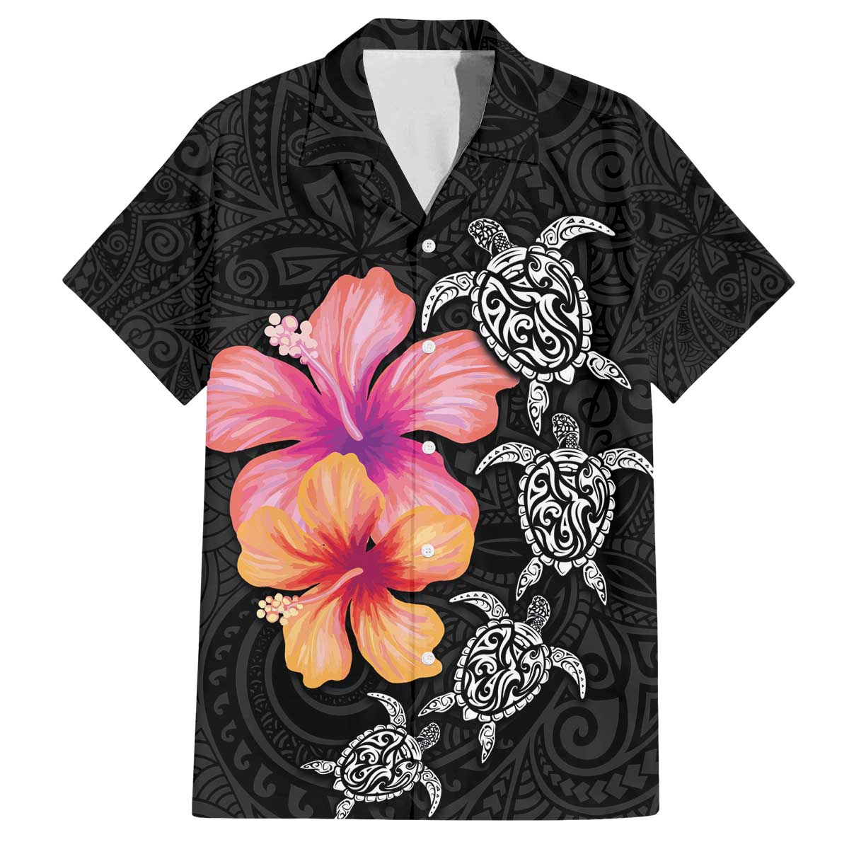 Hawaiian Hibiscus Turtle Tribal Polynesian Pattern Family Matching Puletasi and Hawaiian Shirt Black Color LT03 Dad's Shirt - Short Sleeve Black - Polynesian Pride