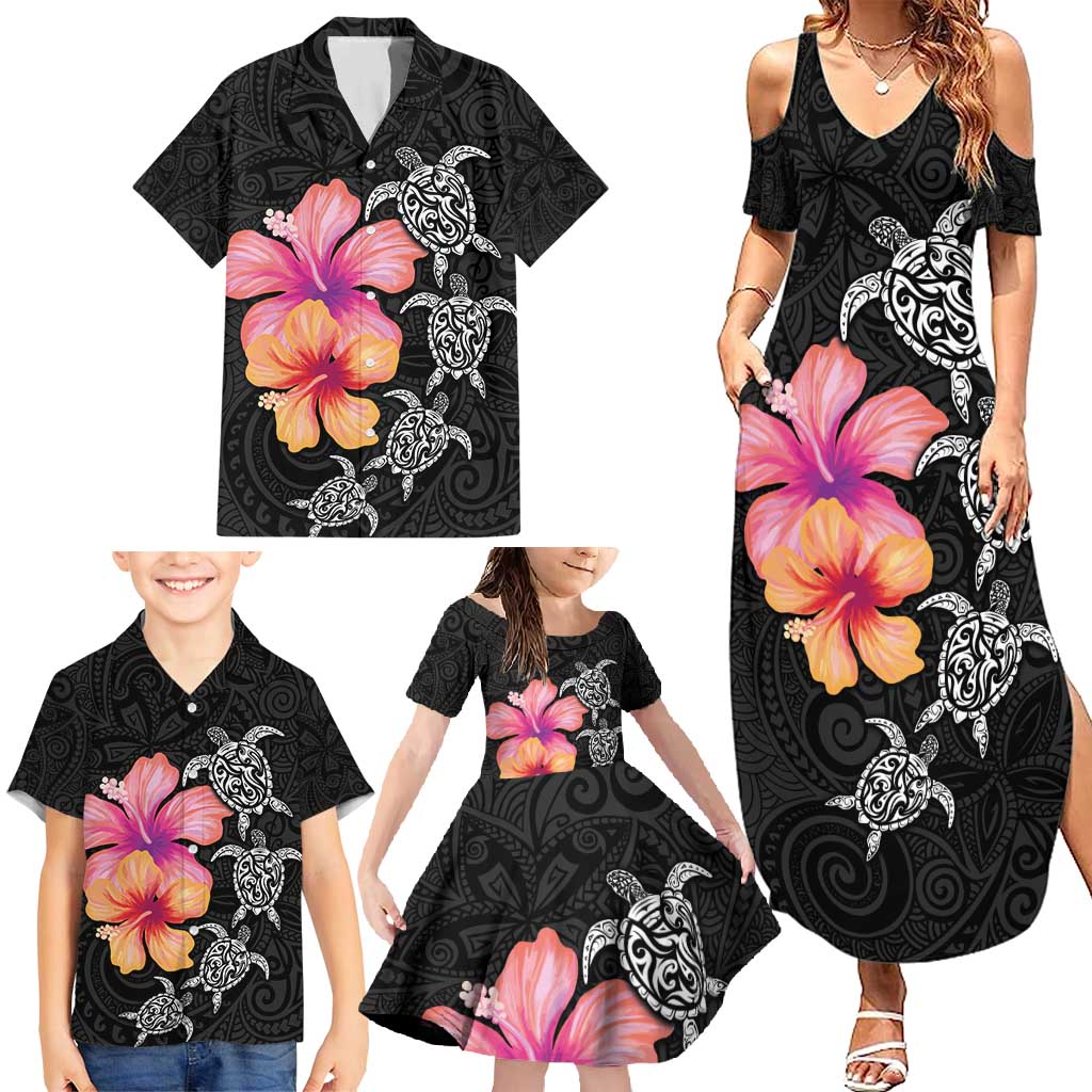 Hawaiian Hibiscus Turtle Tribal Polynesian Pattern Family Matching Summer Maxi Dress and Hawaiian Shirt Black Color LT03 - Polynesian Pride