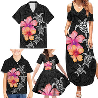Hawaiian Hibiscus Turtle Tribal Polynesian Pattern Family Matching Summer Maxi Dress and Hawaiian Shirt Black Color LT03 - Polynesian Pride