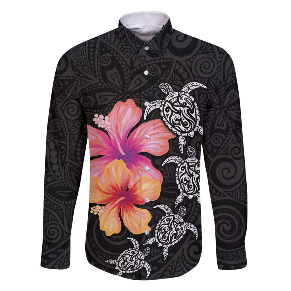 Hawaiian Hibiscus Turtle Tribal Polynesian Pattern Family Matching Summer Maxi Dress and Hawaiian Shirt Black Color LT03 Dad's Shirt - Long Sleeve Black - Polynesian Pride