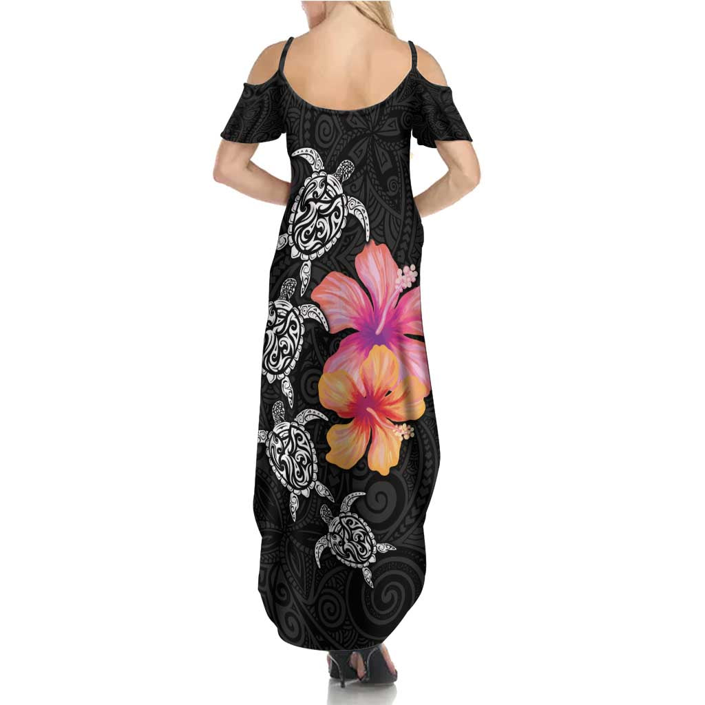 Hawaiian Hibiscus Turtle Tribal Polynesian Pattern Family Matching Summer Maxi Dress and Hawaiian Shirt Black Color LT03 - Polynesian Pride