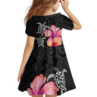 Hawaiian Hibiscus Turtle Tribal Polynesian Pattern Kid Short Sleeve Dress Black Color