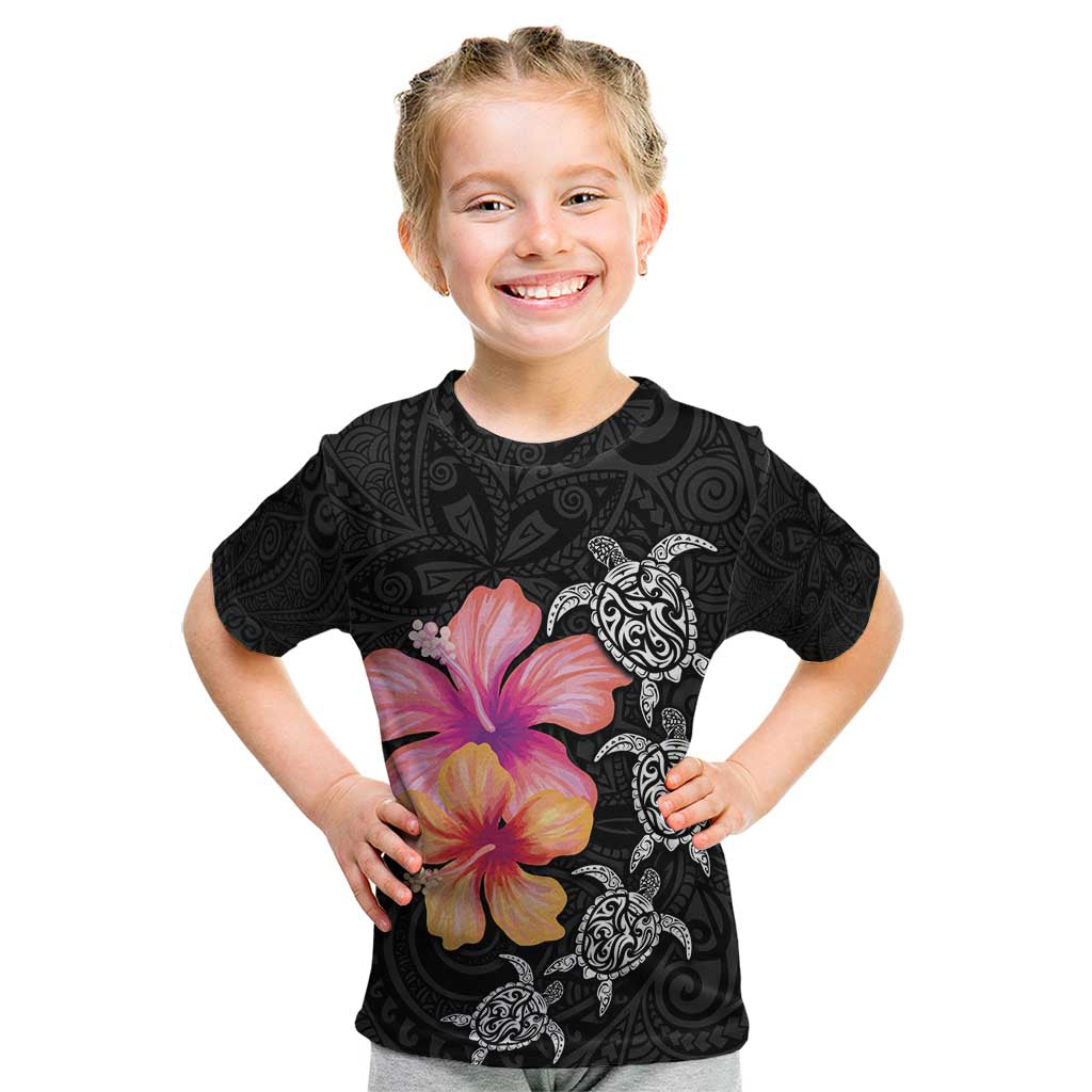 Hawaiian Hibiscus Turtle Tribal Polynesian Pattern Kid T Shirt Black Color LT03 Black - Polynesian Pride