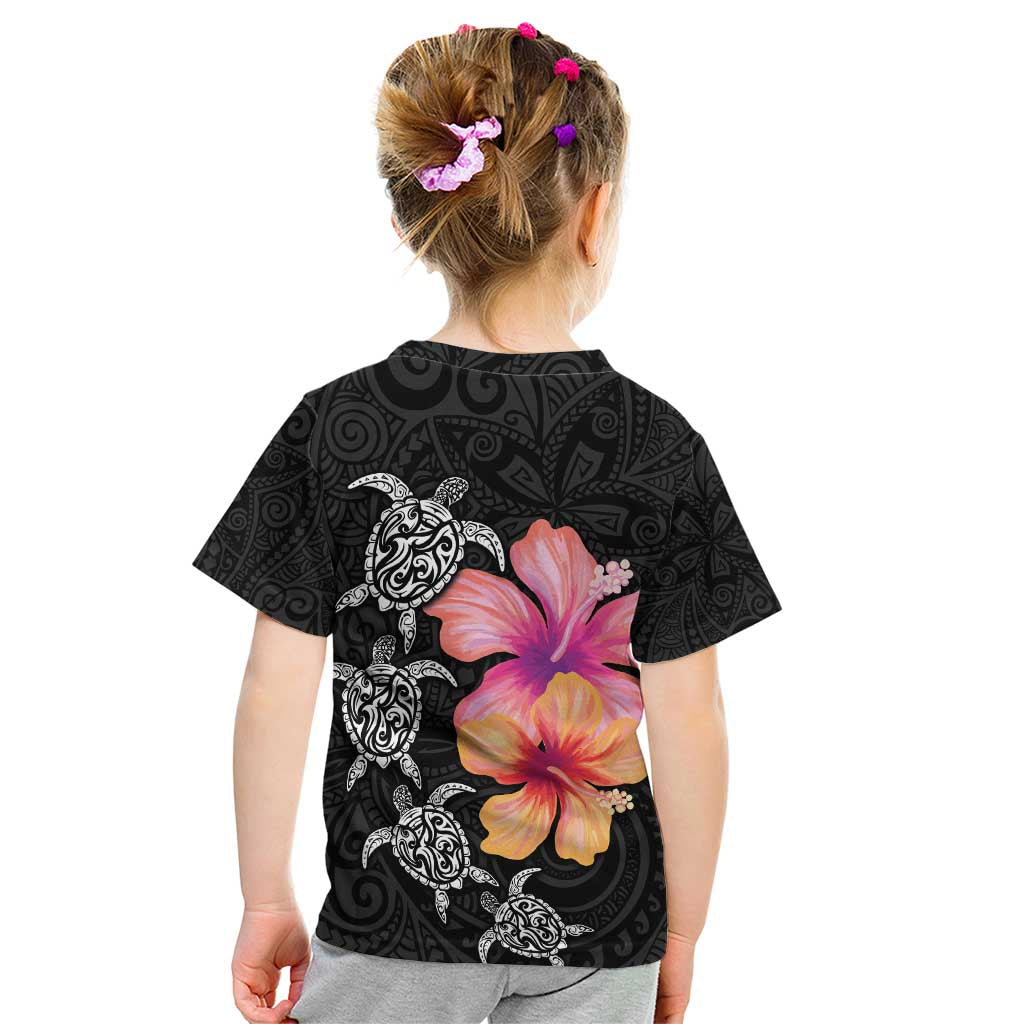 Hawaiian Hibiscus Turtle Tribal Polynesian Pattern Kid T Shirt Black Color LT03 - Polynesian Pride