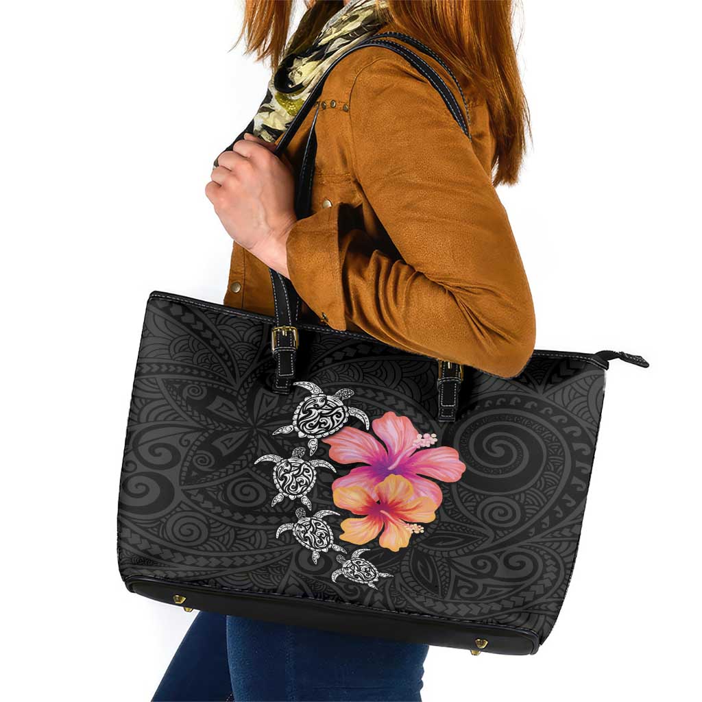 Hawaiian Hibiscus Turtle Tribal Polynesian Pattern Leather Tote Bag Black Color LT03 Black - Polynesian Pride