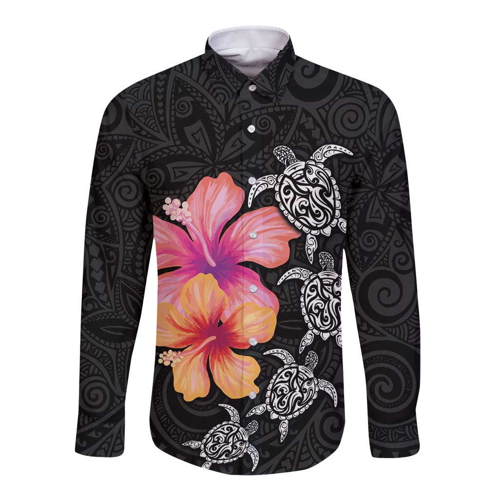 Hawaiian Hibiscus Turtle Tribal Polynesian Pattern Long Sleeve Button Shirt Black Color LT03 Unisex Black - Polynesian Pride