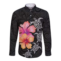 Hawaiian Hibiscus Turtle Tribal Polynesian Pattern Long Sleeve Button Shirt Black Color LT03 Unisex Black - Polynesian Pride
