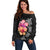 Hawaiian Hibiscus Turtle Tribal Polynesian Pattern Off Shoulder Sweater Black Color