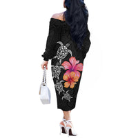 Hawaiian Hibiscus Turtle Tribal Polynesian Pattern Off The Shoulder Long Sleeve Dress Black Color