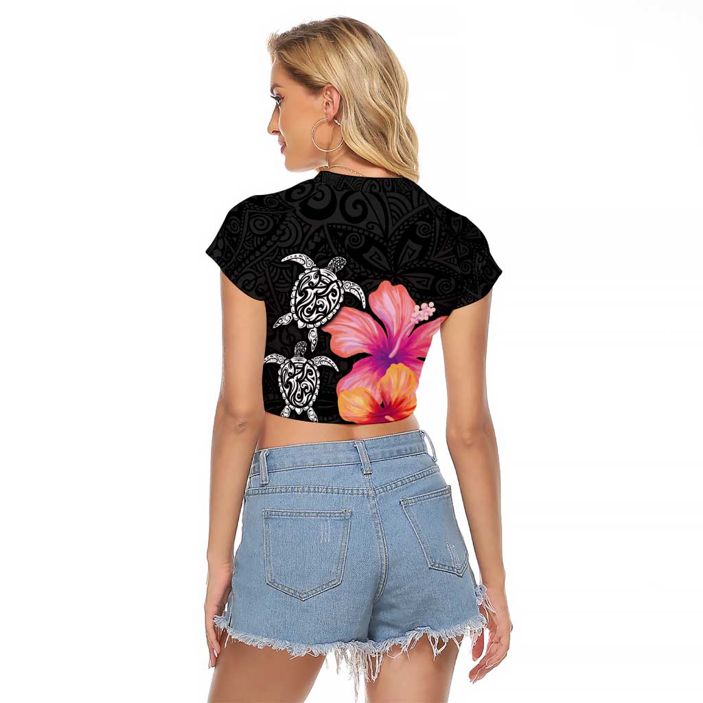Hawaiian Hibiscus Turtle Tribal Polynesian Pattern Raglan Cropped T Shirt Black Color LT03 - Polynesian Pride
