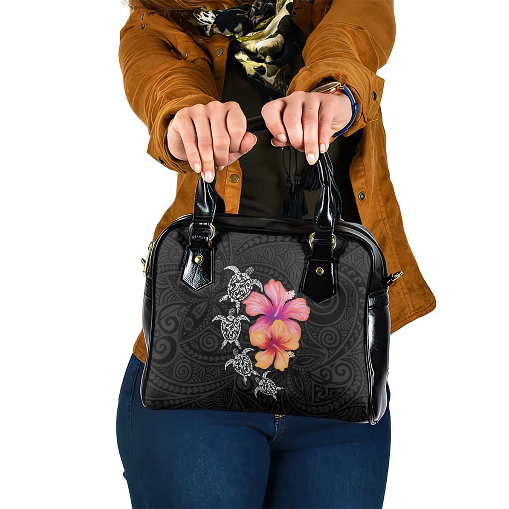 Hawaiian Hibiscus Turtle Tribal Polynesian Pattern Shoulder Handbag Black Color LT03 One Size Black - Polynesian Pride