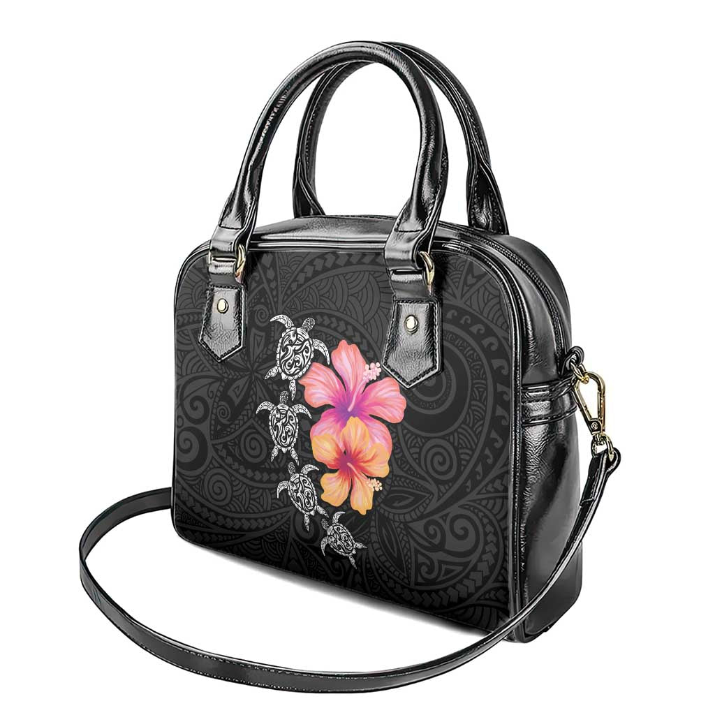 Hawaiian Hibiscus Turtle Tribal Polynesian Pattern Shoulder Handbag Black Color LT03 - Polynesian Pride