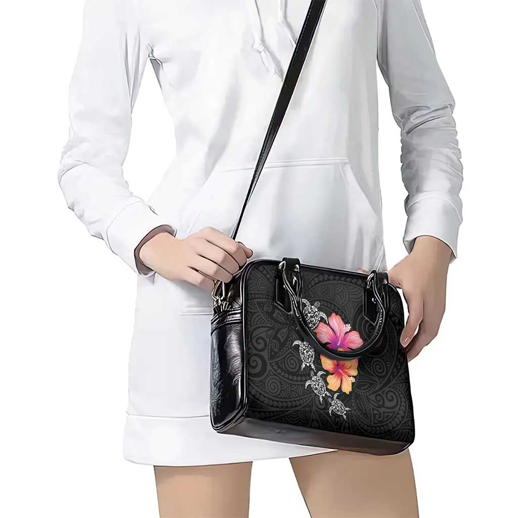 Hawaiian Hibiscus Turtle Tribal Polynesian Pattern Shoulder Handbag Black Color LT03 - Polynesian Pride