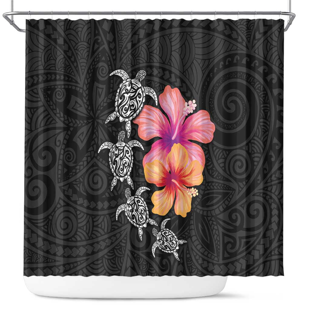 Hawaiian Hibiscus Turtle Tribal Polynesian Pattern Shower Curtain Black Color LT03 Black - Polynesian Pride