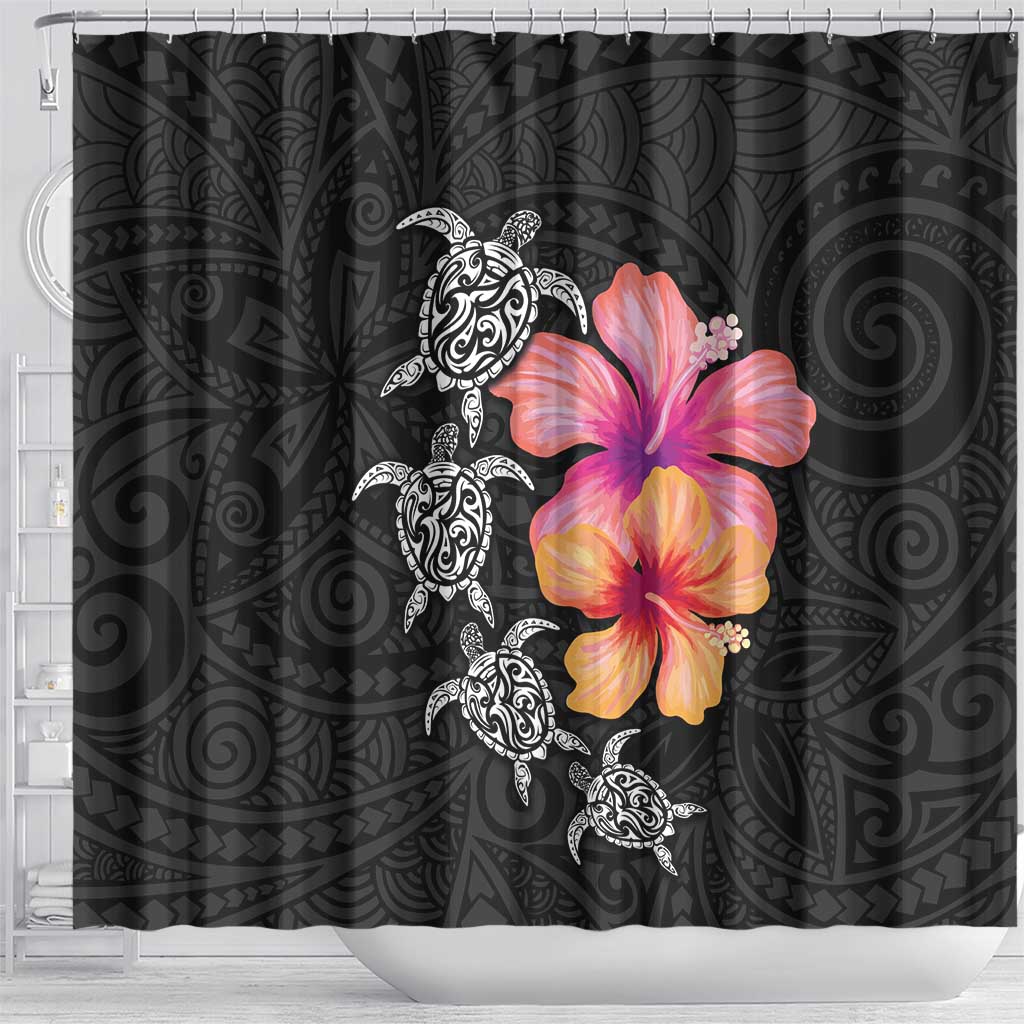 Hawaiian Hibiscus Turtle Tribal Polynesian Pattern Shower Curtain Black Color LT03 - Polynesian Pride