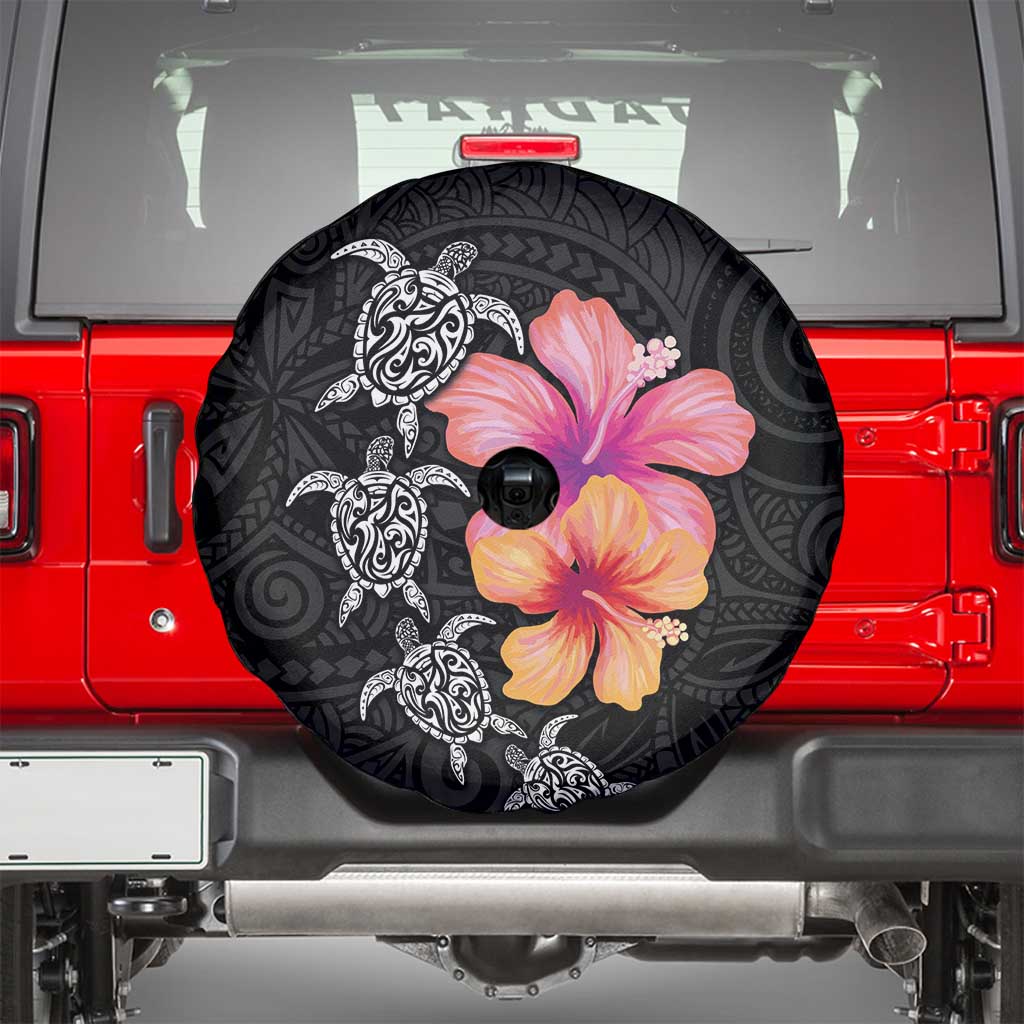 Hawaiian Hibiscus Turtle Tribal Polynesian Pattern Spare Tire Cover Black Color