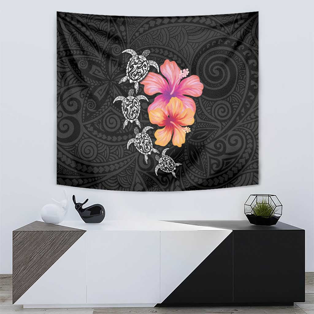 Hawaiian Hibiscus Turtle Tribal Polynesian Pattern Tapestry Black Color LT03 - Polynesian Pride