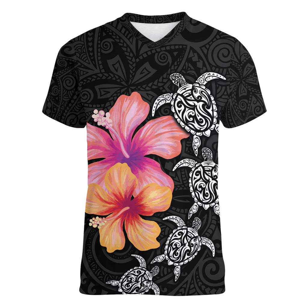 Hawaiian Hibiscus Turtle Tribal Polynesian Pattern Women V-Neck T-Shirt Black Color LT03 Female Black - Polynesian Pride