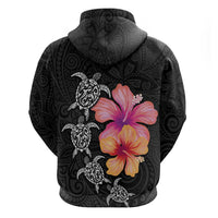 Hawaiian Hibiscus Turtle Tribal Polynesian Pattern Zip Hoodie Black Color LT03 - Polynesian Pride