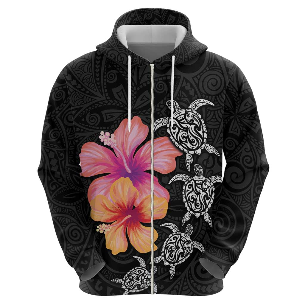 Hawaiian Hibiscus Turtle Tribal Polynesian Pattern Zip Hoodie Black Color LT03 - Polynesian Pride