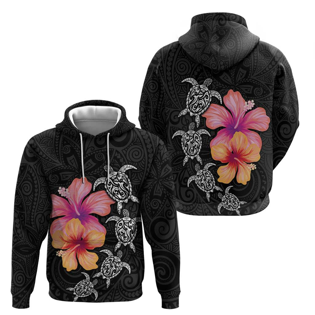 Hawaiian Hibiscus Turtle Tribal Polynesian Pattern Zip Hoodie Black Color LT03 - Polynesian Pride