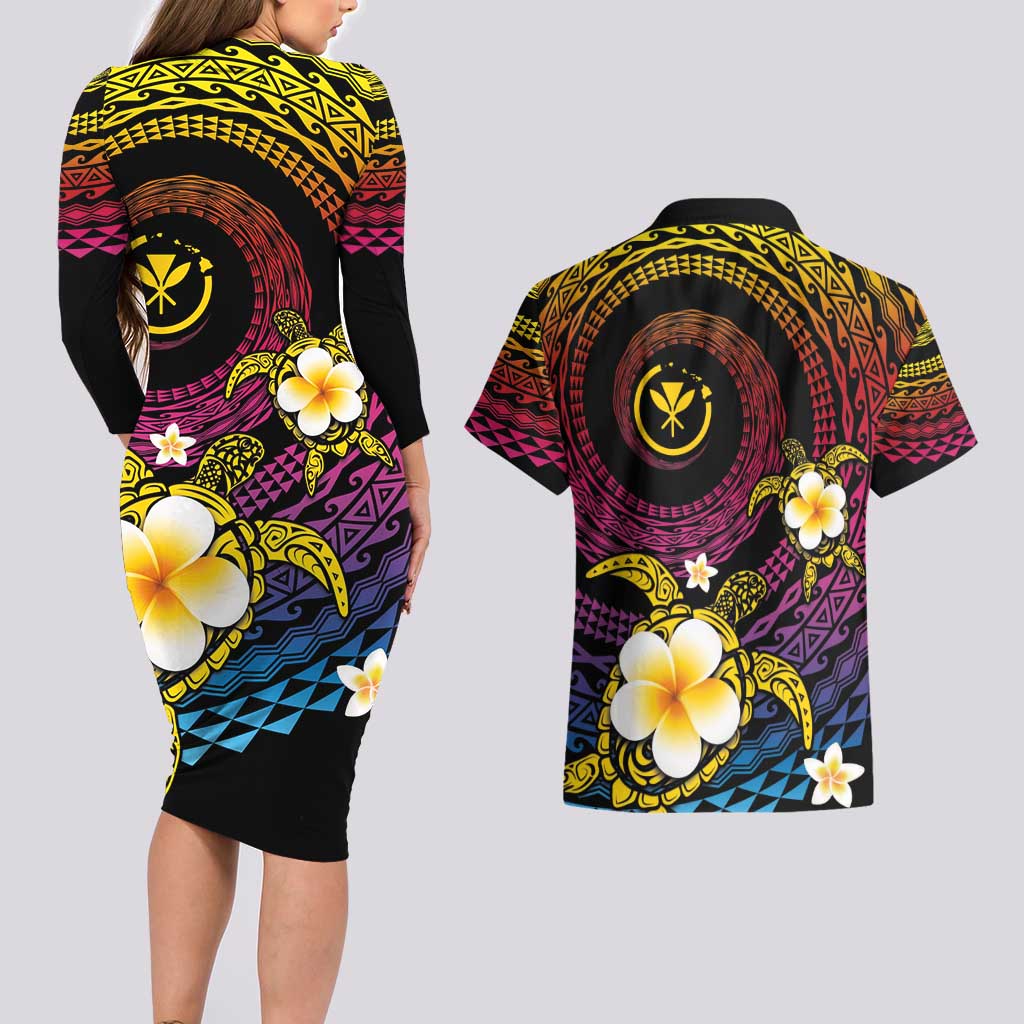 Hawaiian Plumeria Turtle Tribal Spiral Polynesian Tattoo Couples Matching Long Sleeve Bodycon Dress and Hawaiian Shirt Fanciful Color