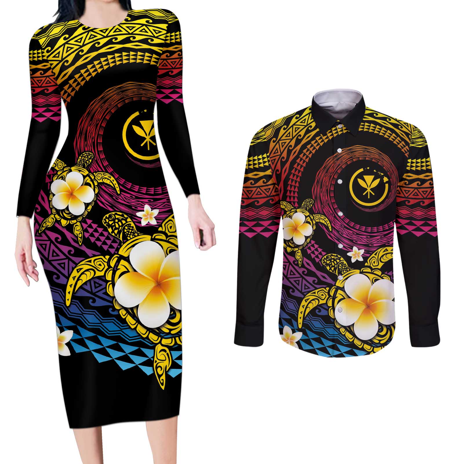 Hawaiian Plumeria Turtle Tribal Spiral Polynesian Tattoo Couples Matching Long Sleeve Bodycon Dress and Long Sleeve Button Shirt Fanciful Color