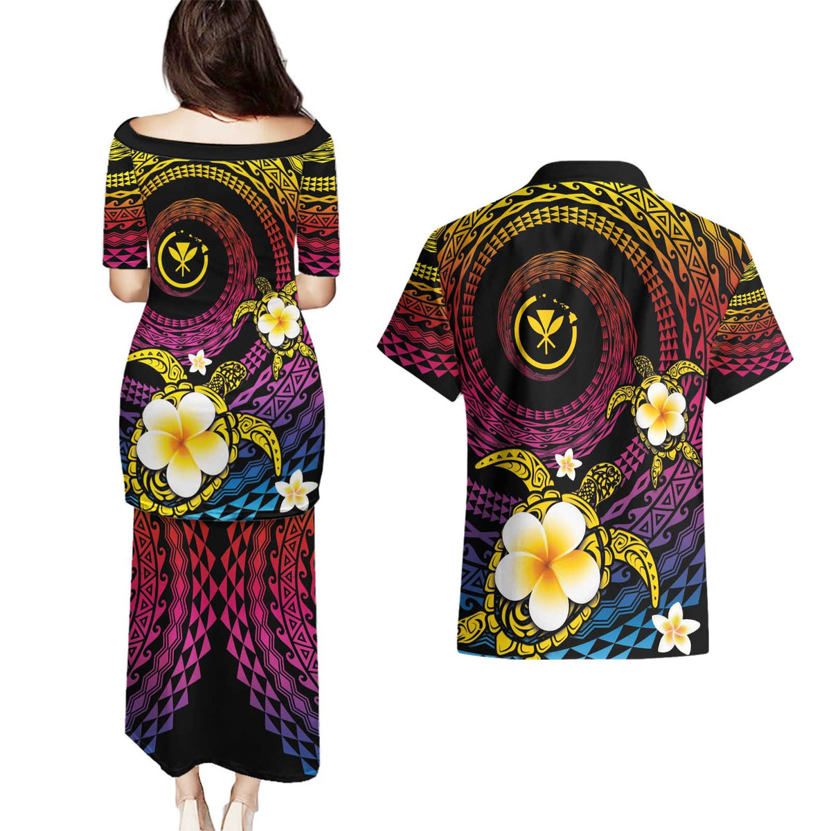 Hawaiian Plumeria Turtle Tribal Spiral Polynesian Tattoo Couples Matching Puletasi and Hawaiian Shirt Fanciful Color