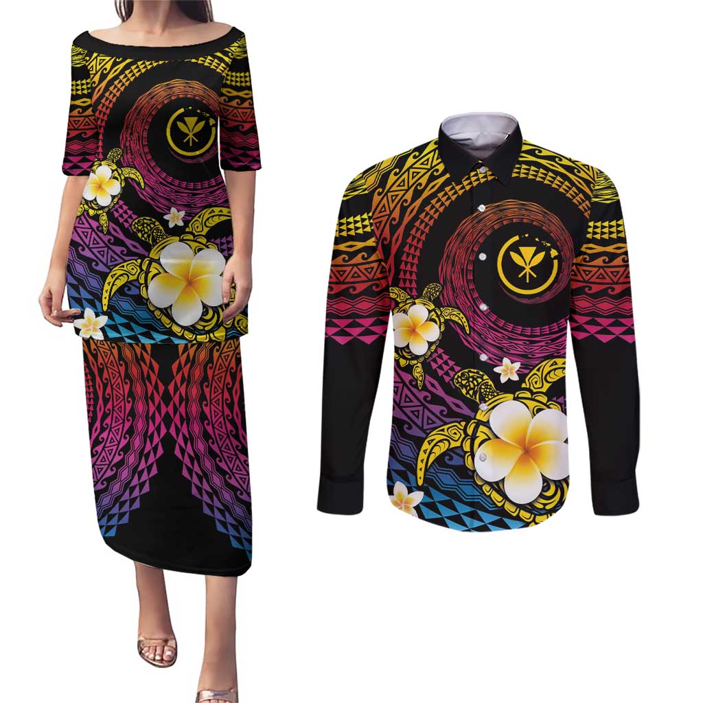 Hawaiian Plumeria Turtle Tribal Spiral Polynesian Tattoo Couples Matching Puletasi and Long Sleeve Button Shirt Fanciful Color LT03 Gradient - Polynesian Pride
