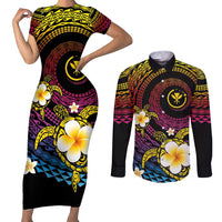 Hawaiian Plumeria Turtle Tribal Spiral Polynesian Tattoo Couples Matching Short Sleeve Bodycon Dress and Long Sleeve Button Shirt Fanciful Color