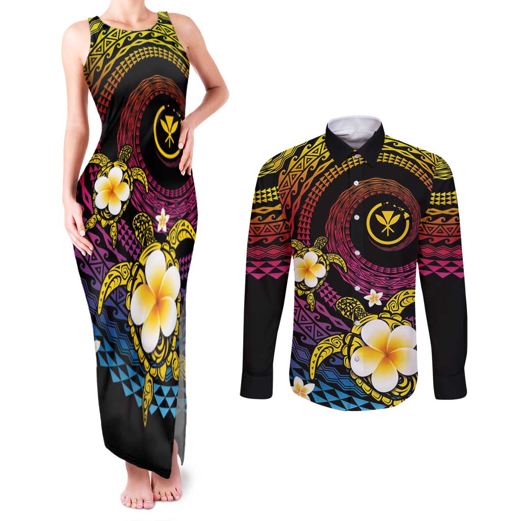 Hawaiian Plumeria Turtle Tribal Spiral Polynesian Tattoo Couples Matching Tank Maxi Dress and Long Sleeve Button Shirt Fanciful Color