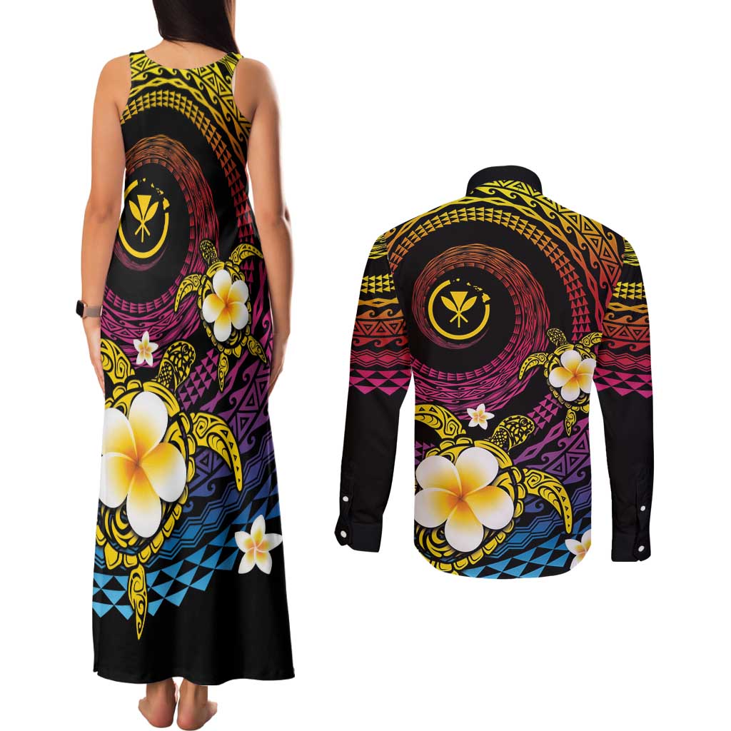 Hawaiian Plumeria Turtle Tribal Spiral Polynesian Tattoo Couples Matching Tank Maxi Dress and Long Sleeve Button Shirt Fanciful Color