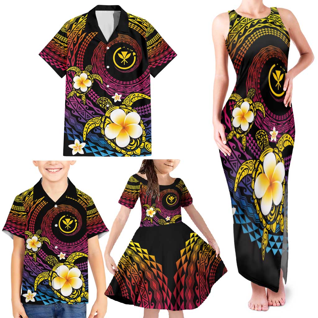 Hawaiian Plumeria Turtle Tribal Spiral Polynesian Tattoo Family Matching Tank Maxi Dress and Hawaiian Shirt Fanciful Color