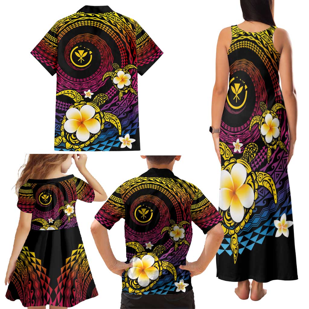 Hawaiian Plumeria Turtle Tribal Spiral Polynesian Tattoo Family Matching Tank Maxi Dress and Hawaiian Shirt Fanciful Color