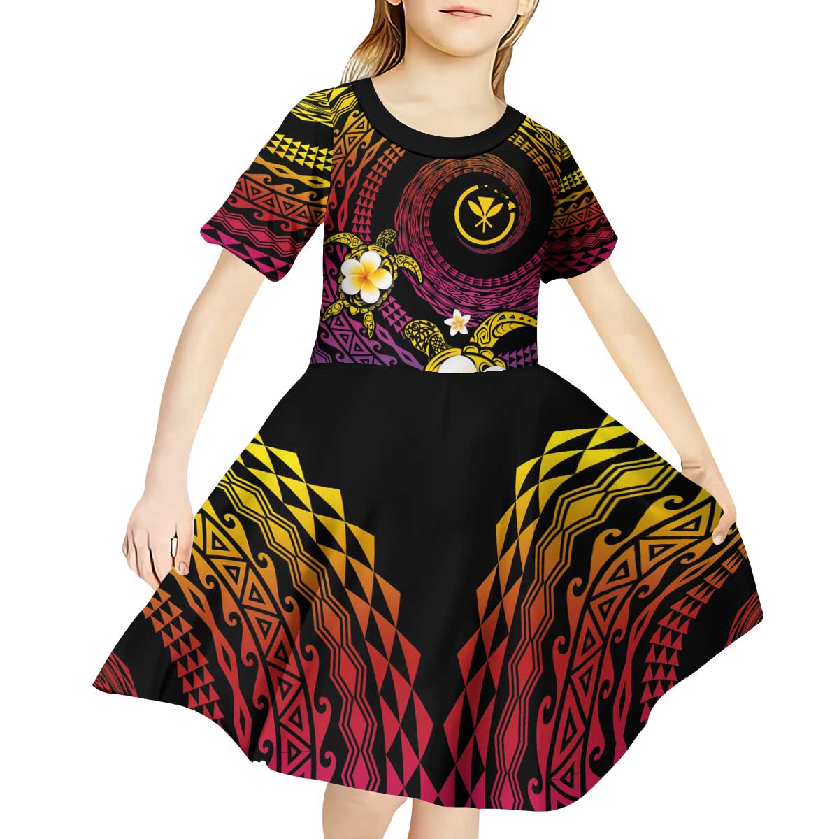 Hawaiian Plumeria Turtle Tribal Spiral Polynesian Tattoo Kid Short Sleeve Dress Fanciful Color