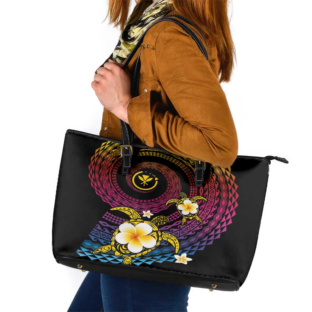 Hawaiian Plumeria Turtle Tribal Spiral Polynesian Tattoo Leather Tote Bag Fanciful Color LT03 Gradient - Polynesian Pride