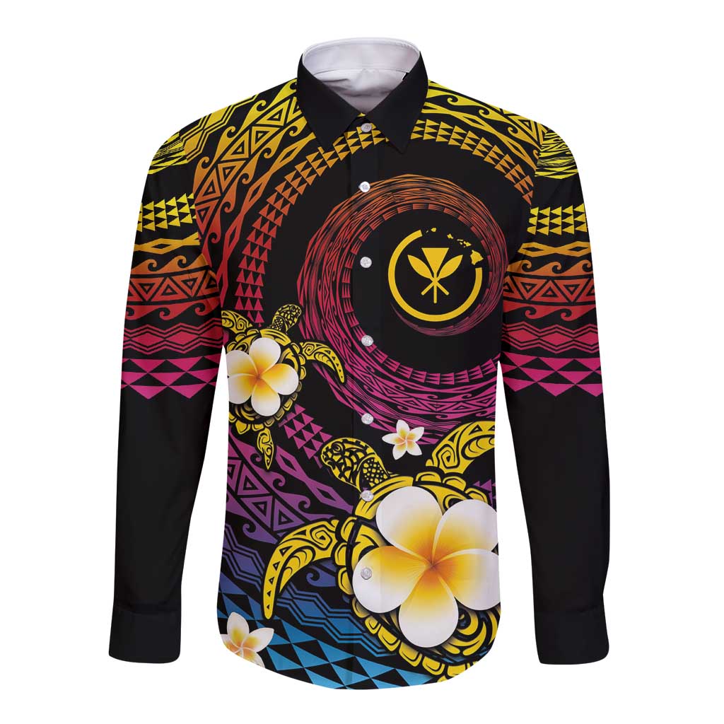 Hawaiian Plumeria Turtle Tribal Spiral Polynesian Tattoo Long Sleeve Button Shirt Fanciful Color LT03 Unisex Gradient - Polynesian Pride