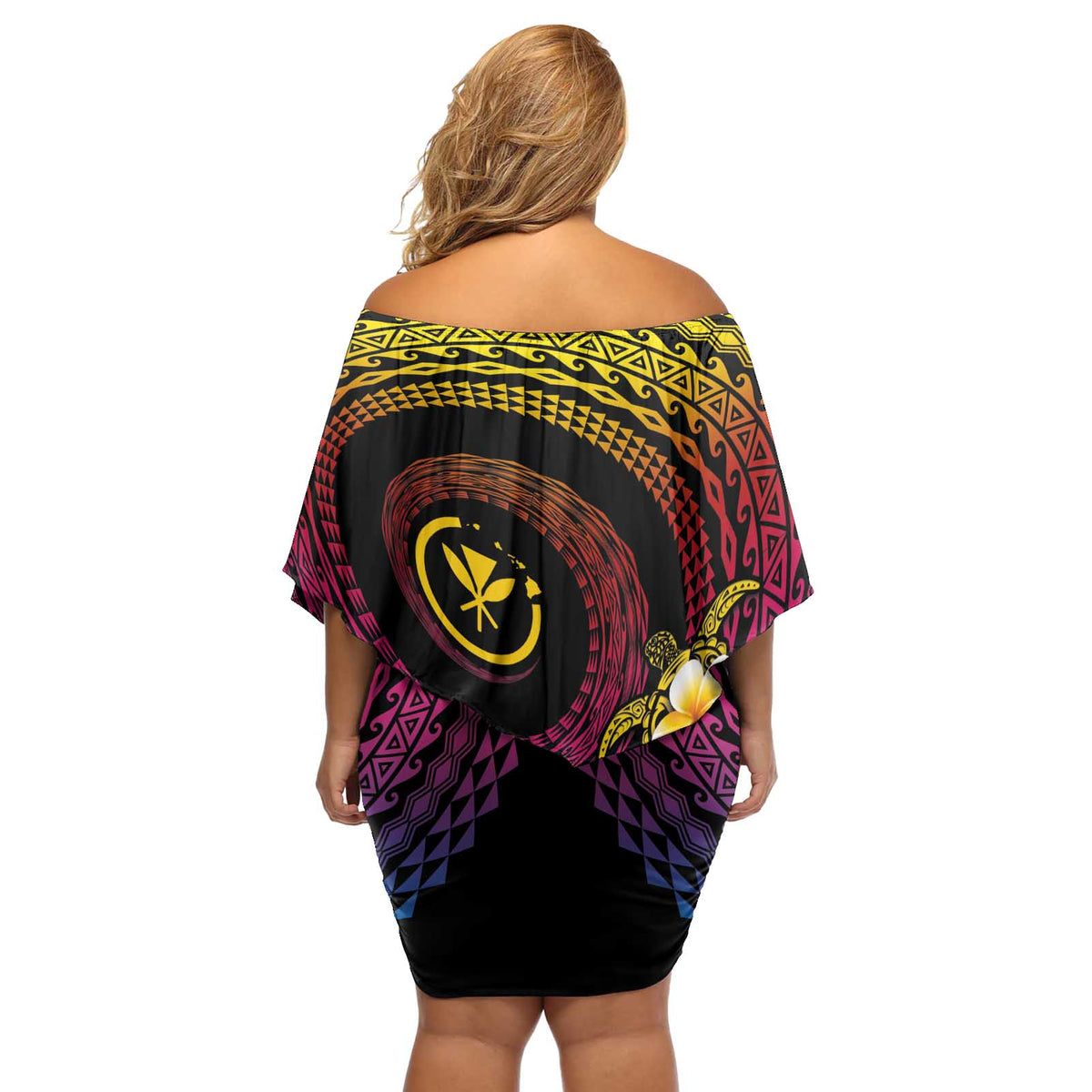 Hawaiian Plumeria Turtle Tribal Spiral Polynesian Tattoo Off Shoulder Short Dress Fanciful Color