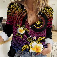 Hawaiian Plumeria Turtle Tribal Spiral Polynesian Tattoo Women Casual Shirt Fanciful Color